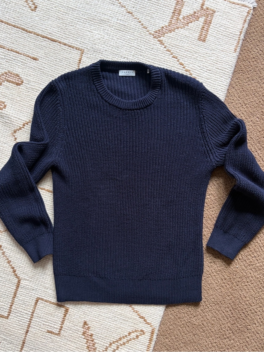 SANDRO Men’s Cotton Silk Knit Sweater Navy Blue Medium M